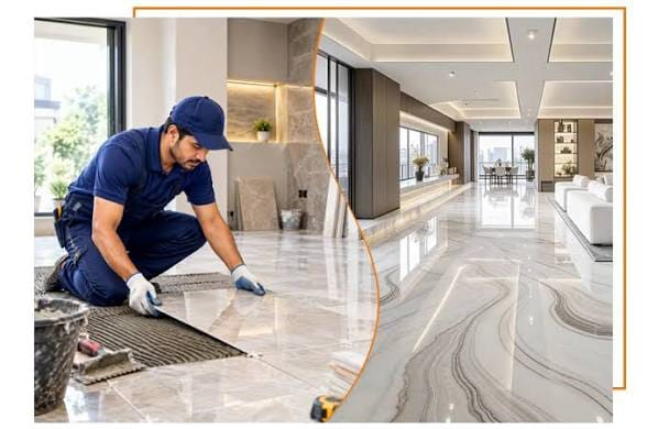 Tiler laying large-format marble-look floor tiles in a modern home