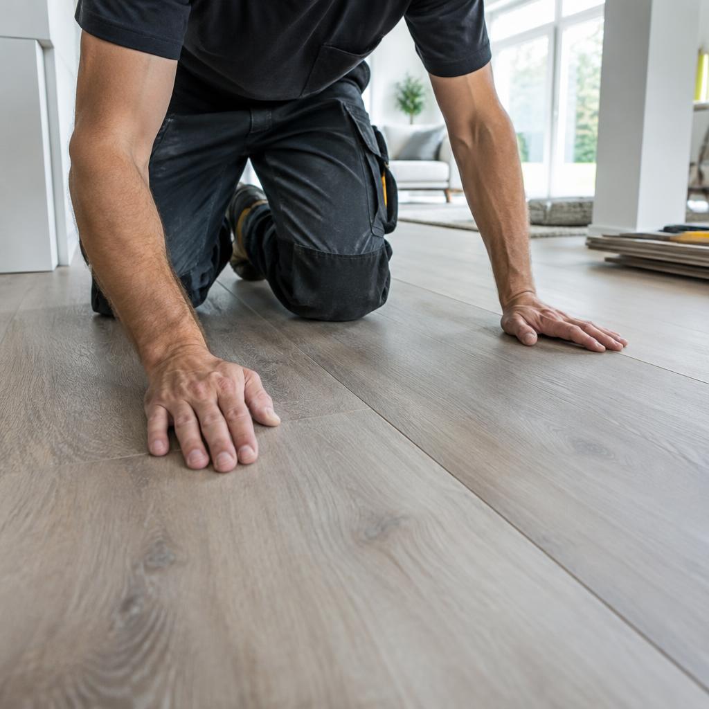A flooring craftsman checking freshly installed laminate flooring planks