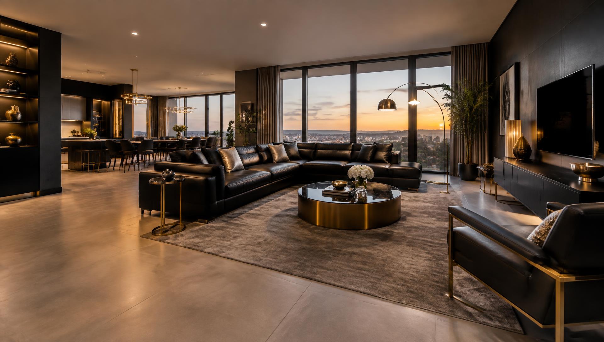 Modern living room with elegant large-format tiled flooring