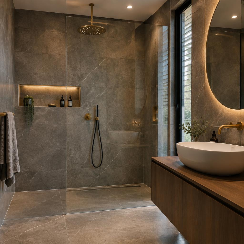 Contemporary bathroom with stone-look wall tiles and a walk-in shower