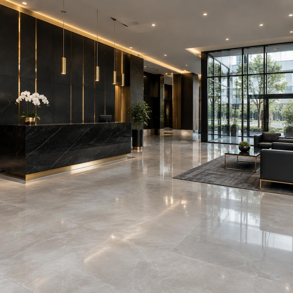 Commercial lobby with polished large-format tiled flooring