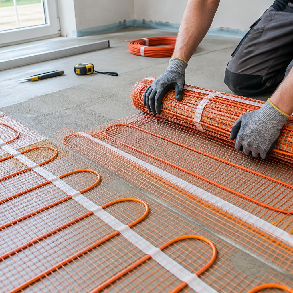 Underfloor heating mats being installed over a floor screed