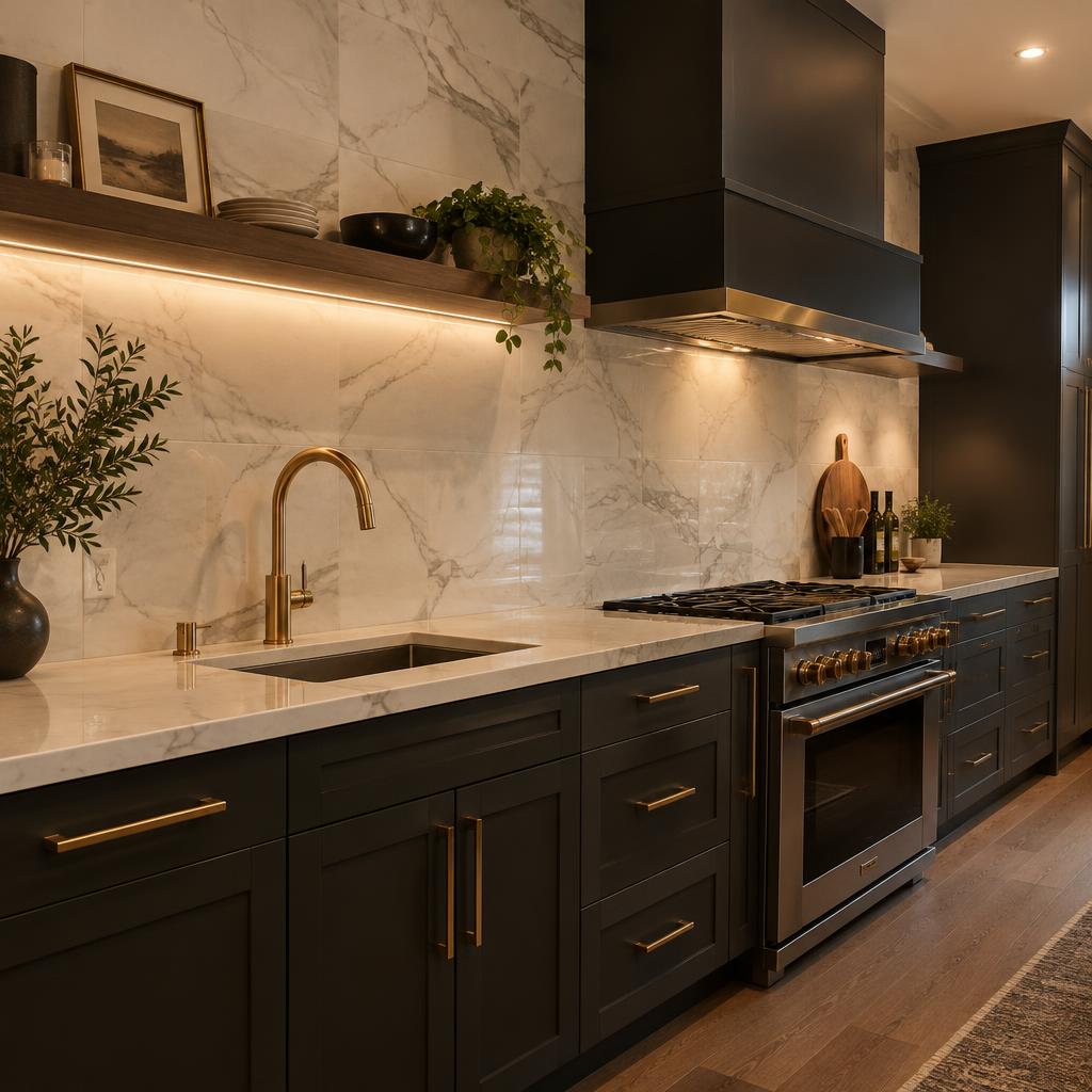 Modern kitchen with elegant marble-look wall tiling