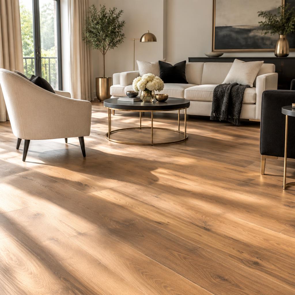 Stylish living room with warm oak laminate flooring
