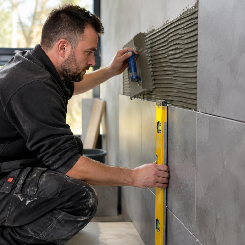 Professional tiler laying and levelling large-format wall tiles